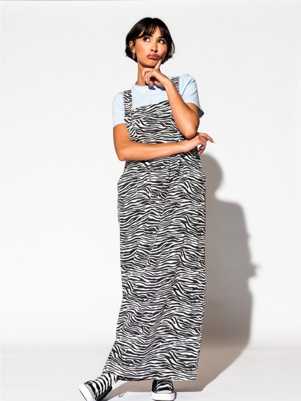 Can't Tame Me Denim Overall Dress in Zebra Stripes